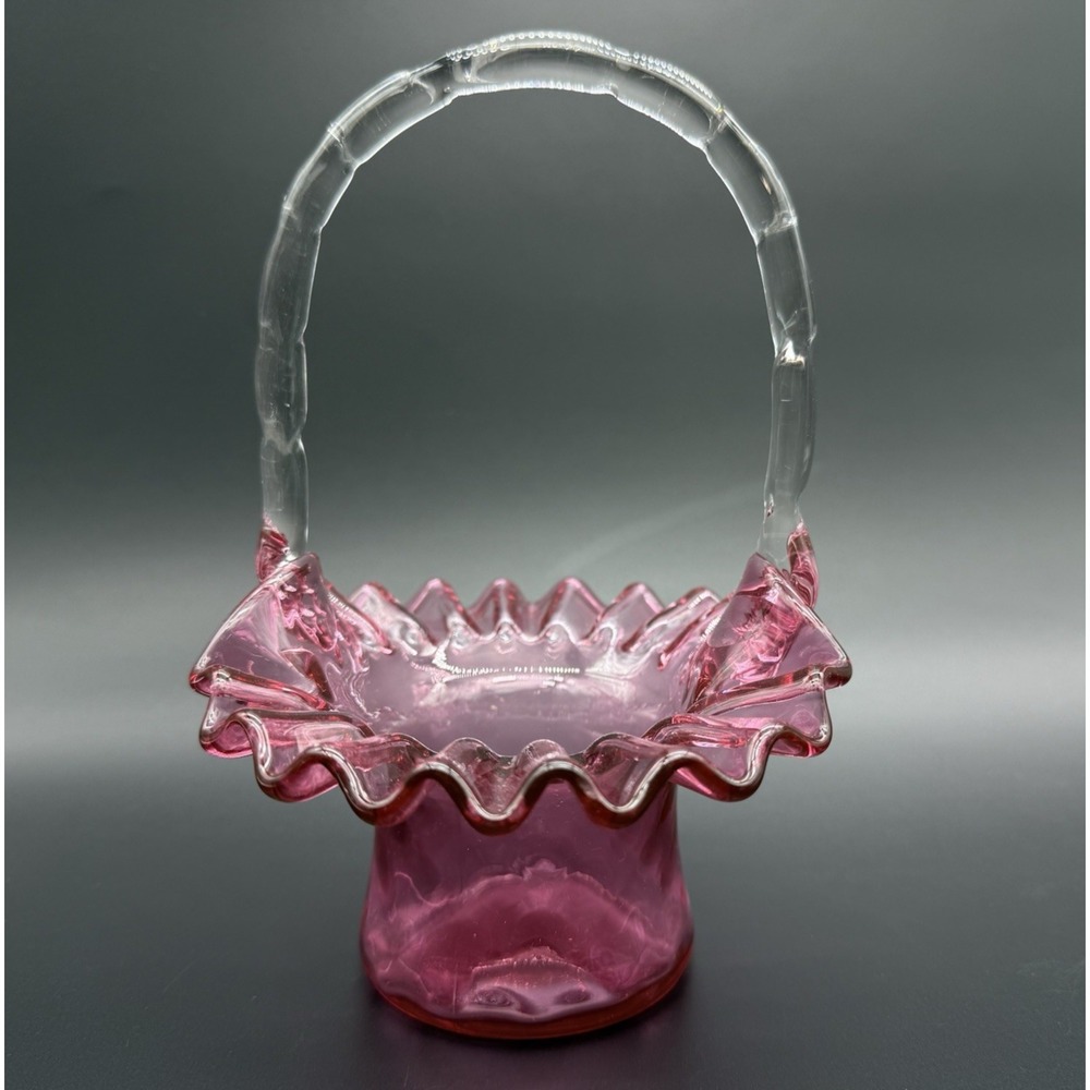 Vintage Fenton Cranberry Pink Art Glass Basket Ruffled Rim Clear Handle 7"